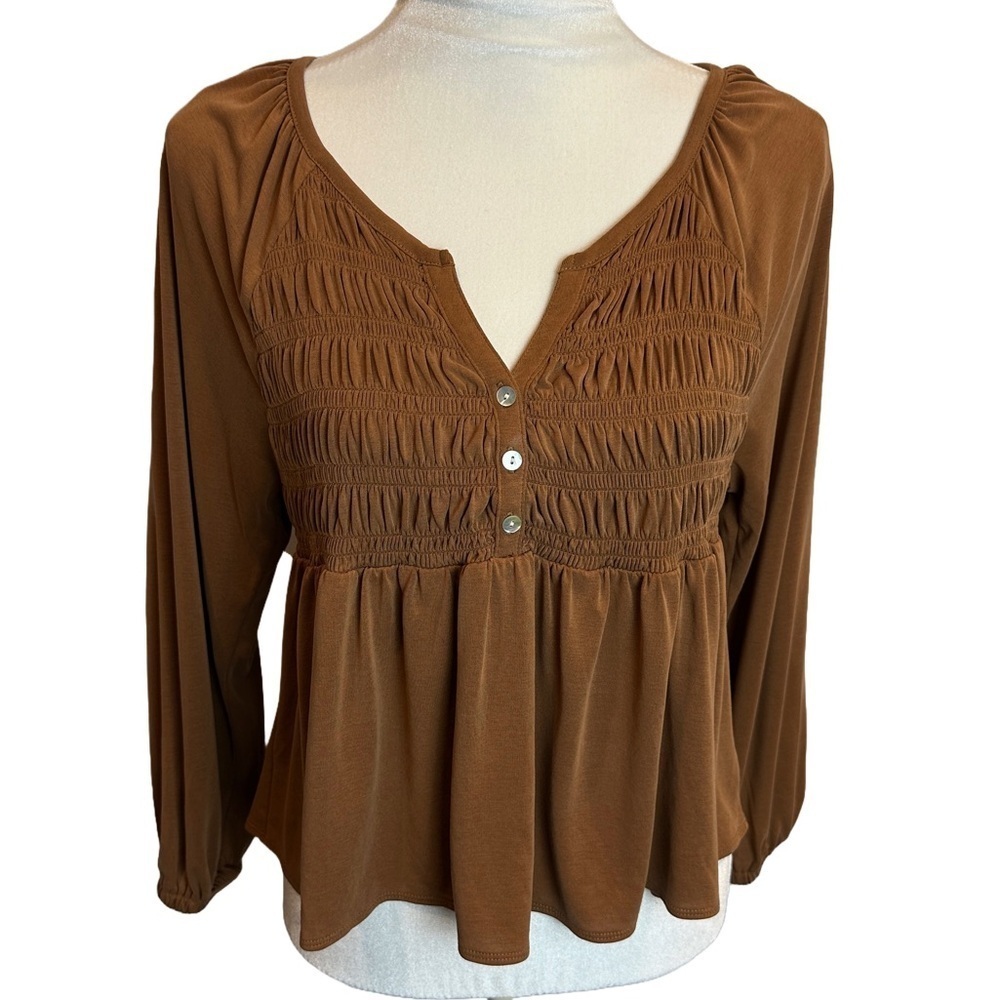 Lucky Brand  Boho Cocoa Brown Smocked‎ Long Sleeve  Top L